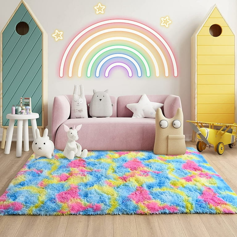 GKLUCKIN Ultra Soft Rugs, 6'x9' Fluffy Area Rugs for Living Room Bedroom  Non-Slip Tie-Dyed Rainbow Rugs Shag Cute Kids Girls Room Nursery Rugs