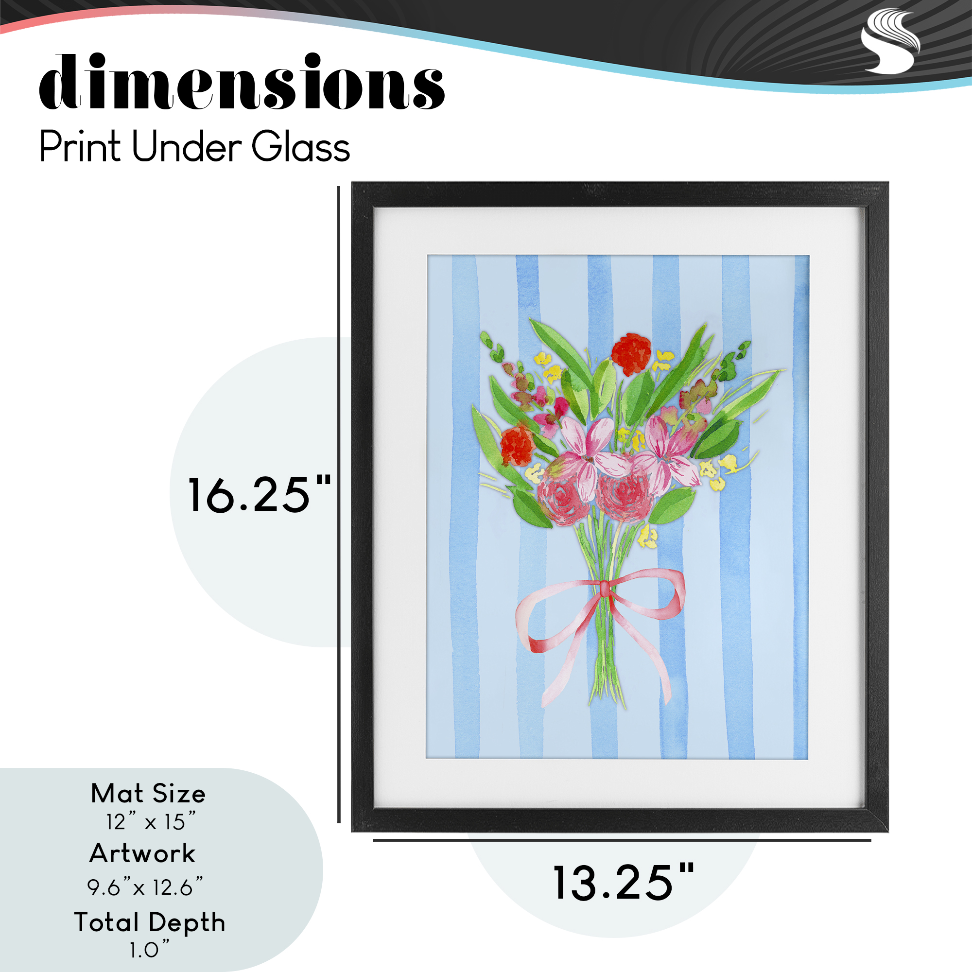 Blue and Pink Bouquet & Bow Black Framed Print Under Glass, design by Nina Jacobs
