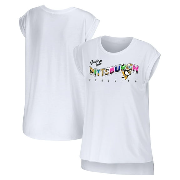 Women's WEAR by Erin Andrews White Pittsburgh Penguins Greetings From Muscle T-Shirt