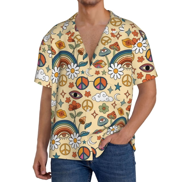 Fotbe Mushrooms And Rainbows Peace Camisa Estampada de Manga Corta para Hombre, Casual de Verano, Estilo Playero, Sin Arrugas-3X-Large