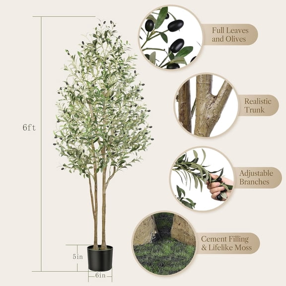 6FT Artificial Olive Tree with Realistic Fruits and Wood Trunk for Indoor Home Office Decor