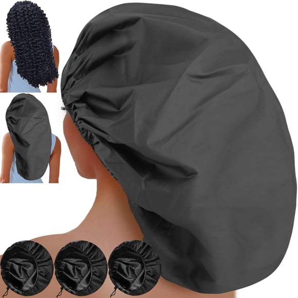Sheomern 3 gorros de ducha súper jumbo ajustables con forro de satén para cabello largo y trenzas, gorro de ducha extra grande para mujeres y hombres, gorro de ducha XXL con borde impermeable para ras