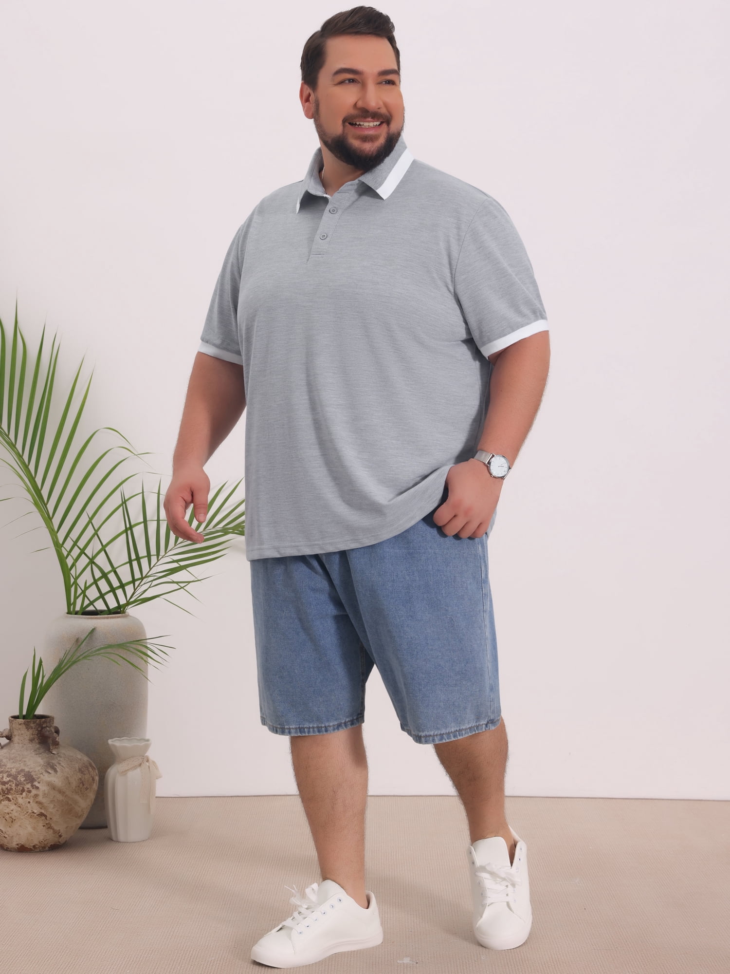 DARING DIVA Men's Big Tall Contrast Color Short Sleeve Button Down Polo XL Light Gray