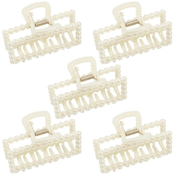 5 PCS Simulated Pearl Hair Claw Clips for Women | Multi-Use Barrettes for Thin Hair with Non-Slip Strong Hold | Barrettes for Thick & Curly Hair Accessories | Flat Claw Clips for Women, Off-White