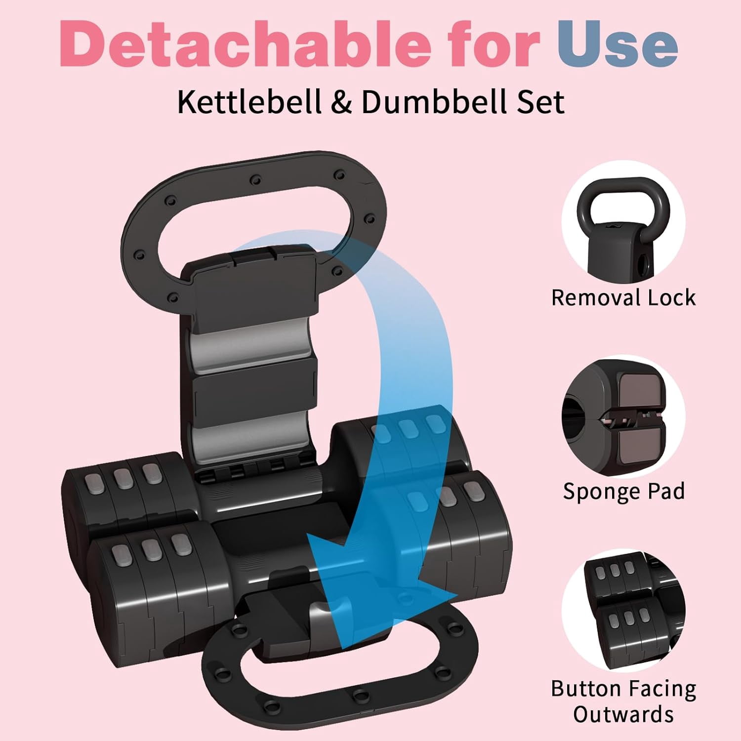 4-in-1 Adjustable Kettlebell and Dumbbell Set, Convertible Free Weights for Home Gym Fitness Training, Space-Saving Hand Weights for Women and Men, Black