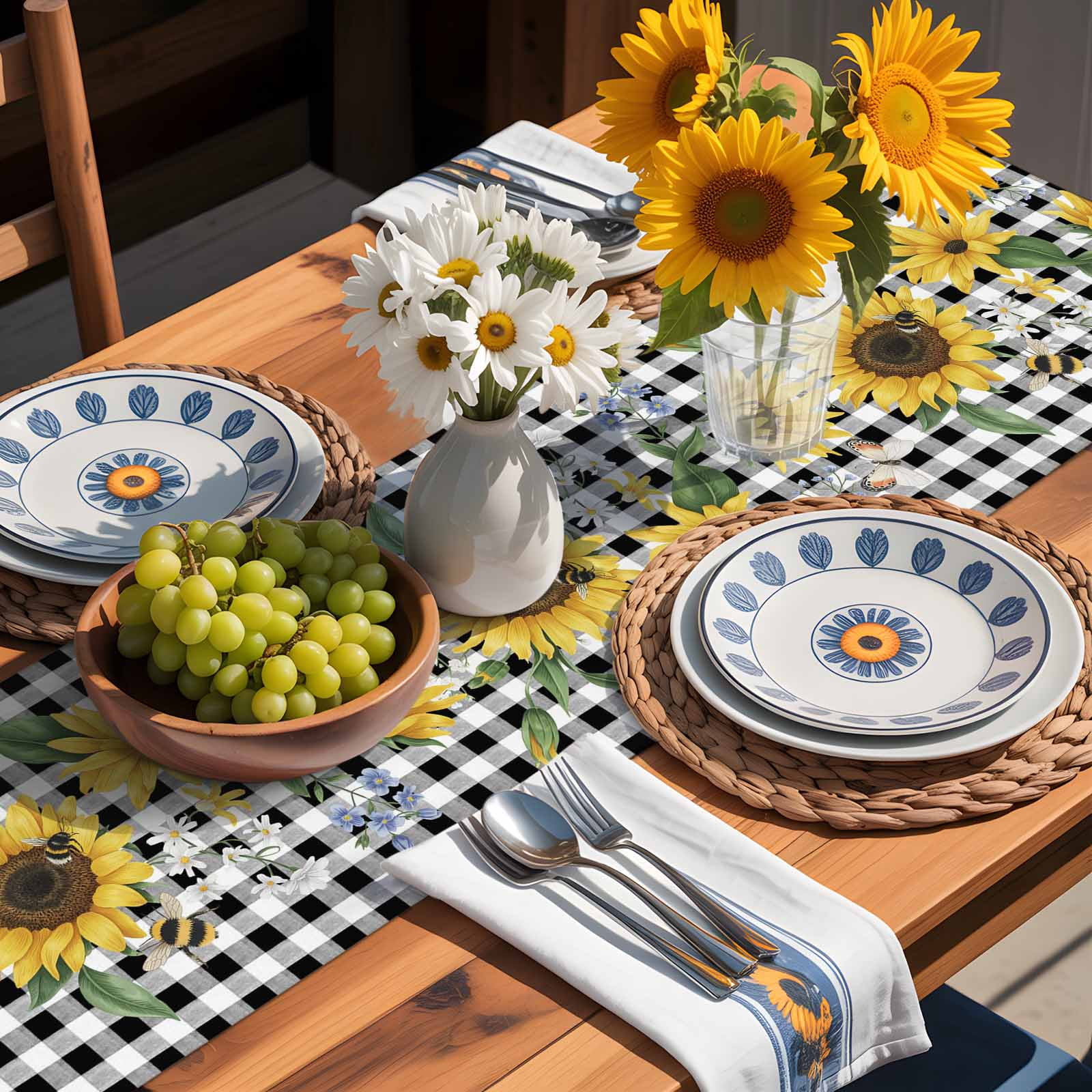 Yellow Sunflower Green Leaf Black Buffalo Plaid Table Runner 90 Inches Long, Farm Watercolor Plant Table Runners Tabletop Scarf Kitchen Dining Tables Decoration for Home Party Indoor Outdoor