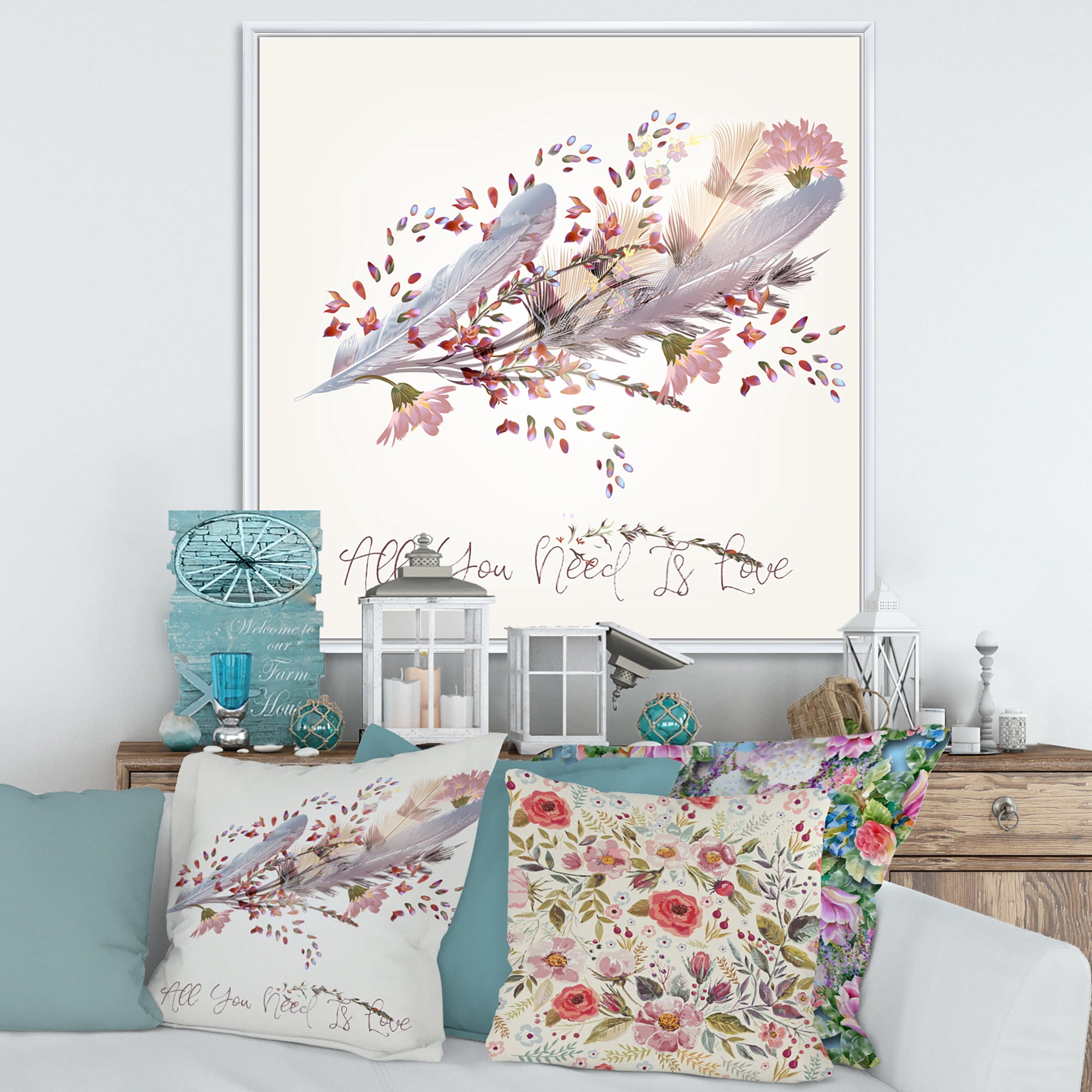 Designart 'Pink Feathers and Flowers All You Need Is Love' Bohemian & Eclectic Framed Canvas Wall Art Print