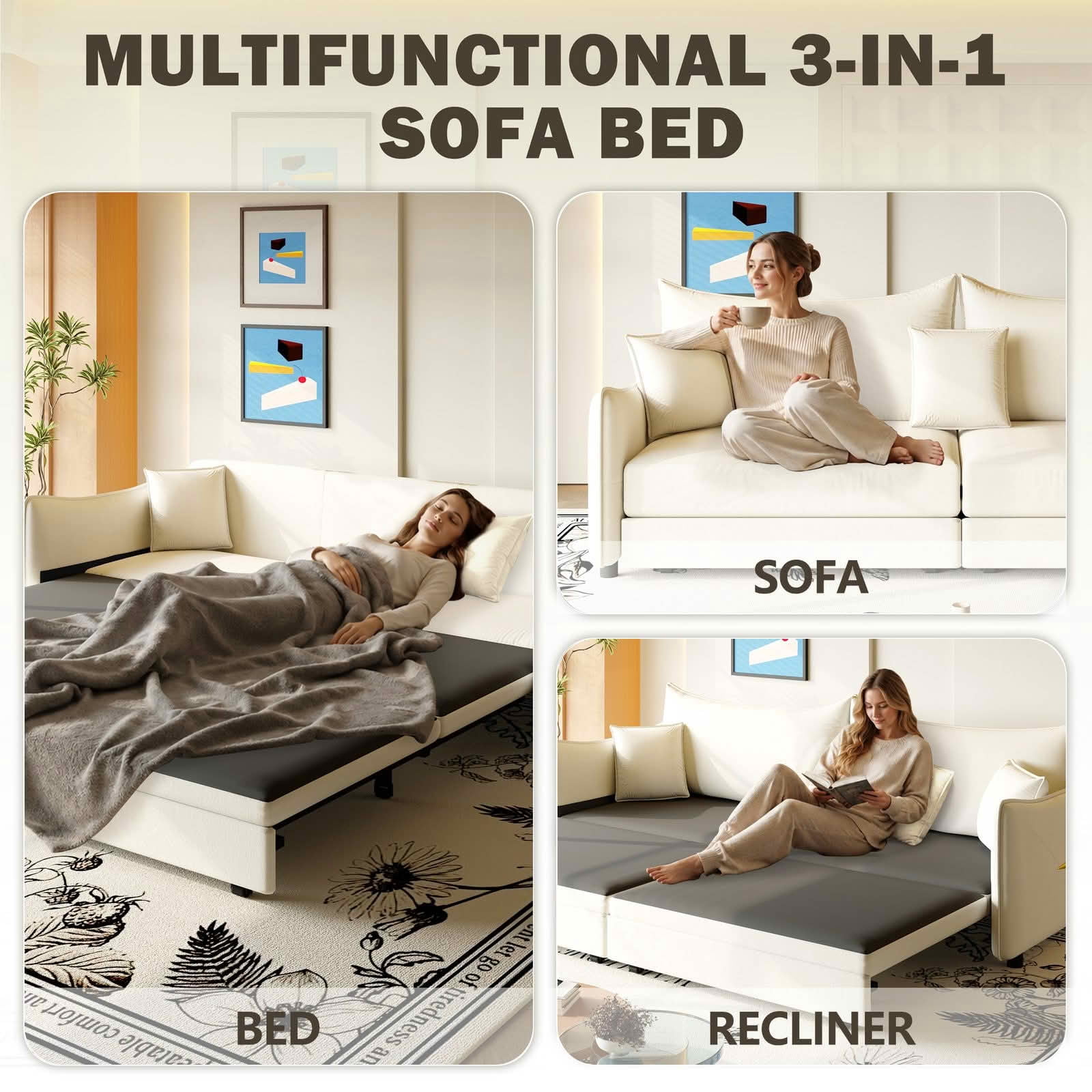 MAYEERTY 81.9" King Pull‑Out Velvet Sofa Bed, 3‑in‑1 Convertible 3‑Seater Couch with Golden Accent, 3 Pillows Included for Small Space & Living Room