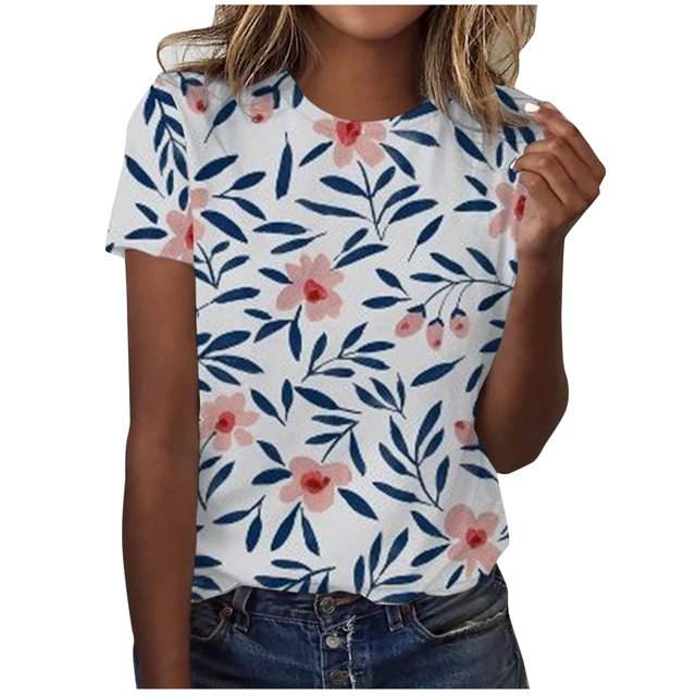 Pompotops T-Shirt Décontracté à Manches Courtes Imprimé Plissé Col Rond Ample pour Femmes