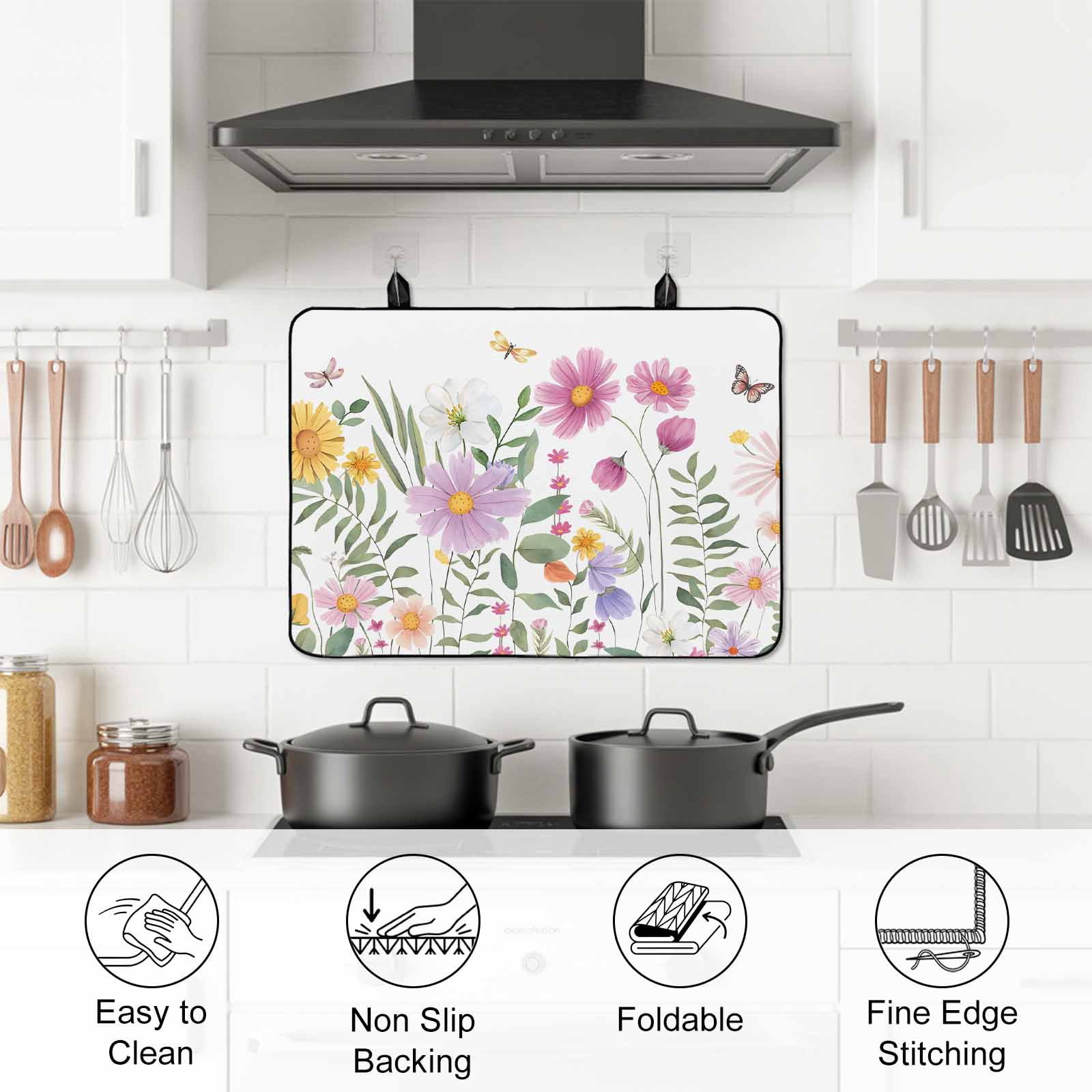 Botanical Floral Stove Top Cover for Electric Stove, Heat-proof & Non Slip Glass Top Stove Cover Protector, Spring Colorful Flowers Butterfly Kitchen Flat Cooktop Rubber Mat 24x21 Inches