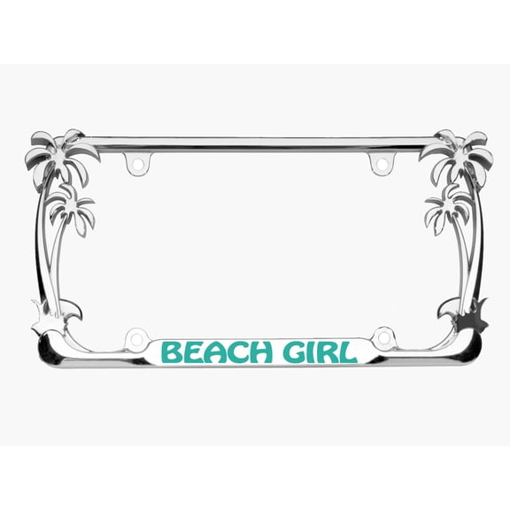 Beach Girl Palm Tree Style Metal License Plate Frame/Car Accessories Car Tag Holder Cover (Chrome/Turquoise)