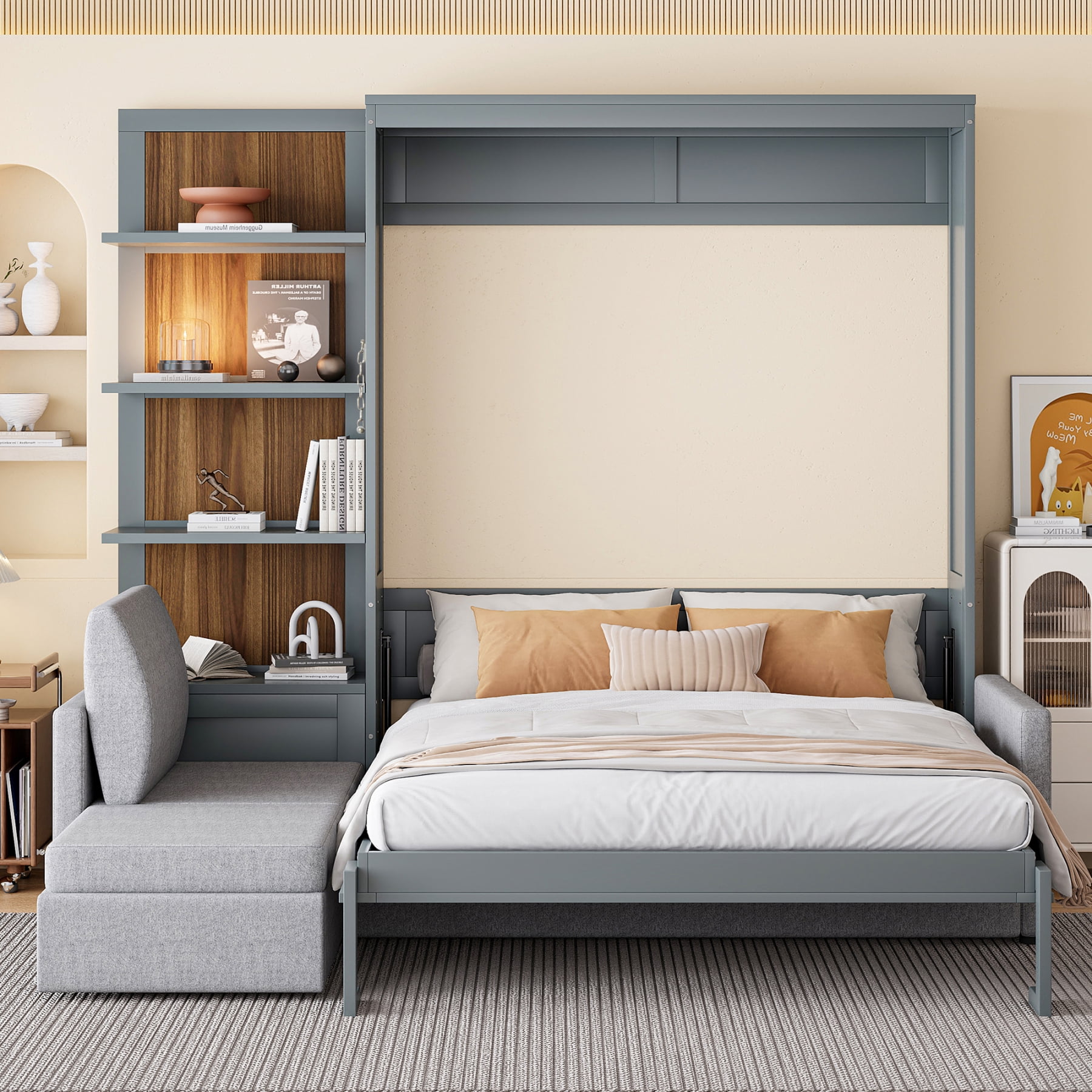 Harper & Bright Designs Queen Size Murphy Bed, Wooden Queen Murphy Bed Frame with Shelves, Wall Bed with L-Shape Sofa, Gray