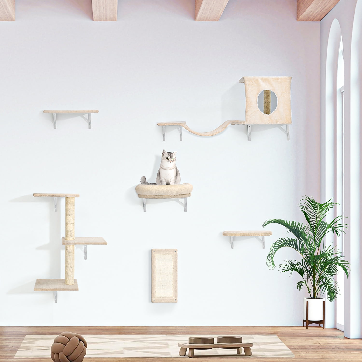 Pefilos Cat Wall Shelves and Perches Set of 6 with Cat Perch, Indoor Cat Condo for Sleeping Playing Lounging Climbing Cat Tree House, Beige Pefilos Cat Wall Shelves and Perches Set of 6 with Cat Perch, Indoor Cat Condo for Sleeping Playing Lounging Climbing Cat Tree House, Beige