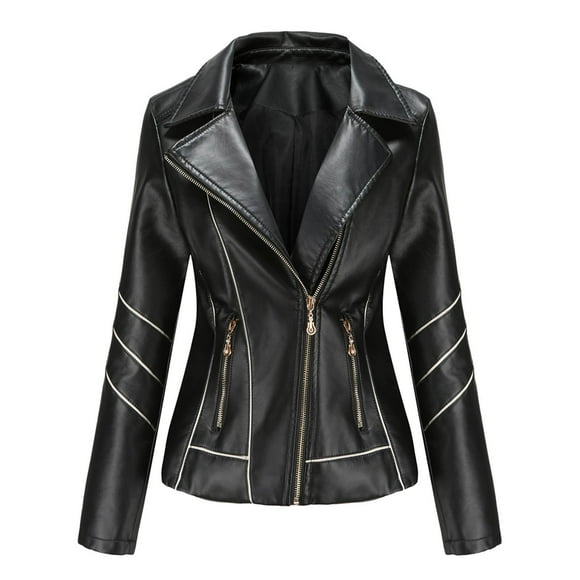 jovati Ladies Leather Jacket New Ladies Slim Leather Stand-Up Collar Zipper Stitching Solid Color Jacket