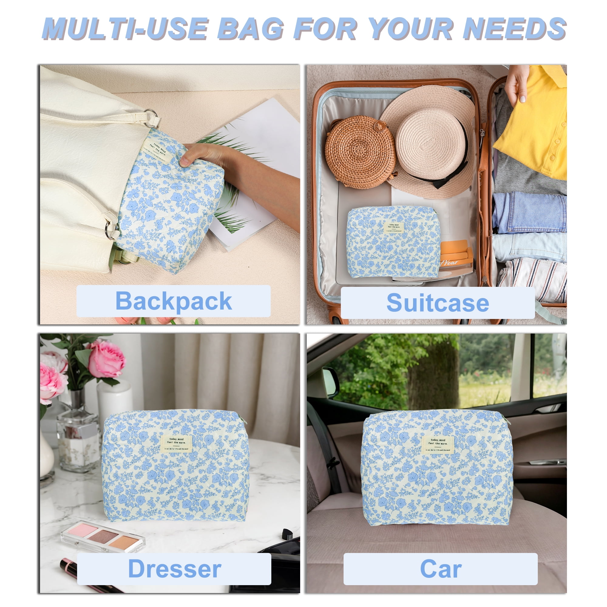 Unique Bargains 2Pcs Quilted Large Capacity Travel Storage Makeup Bag for C Blue