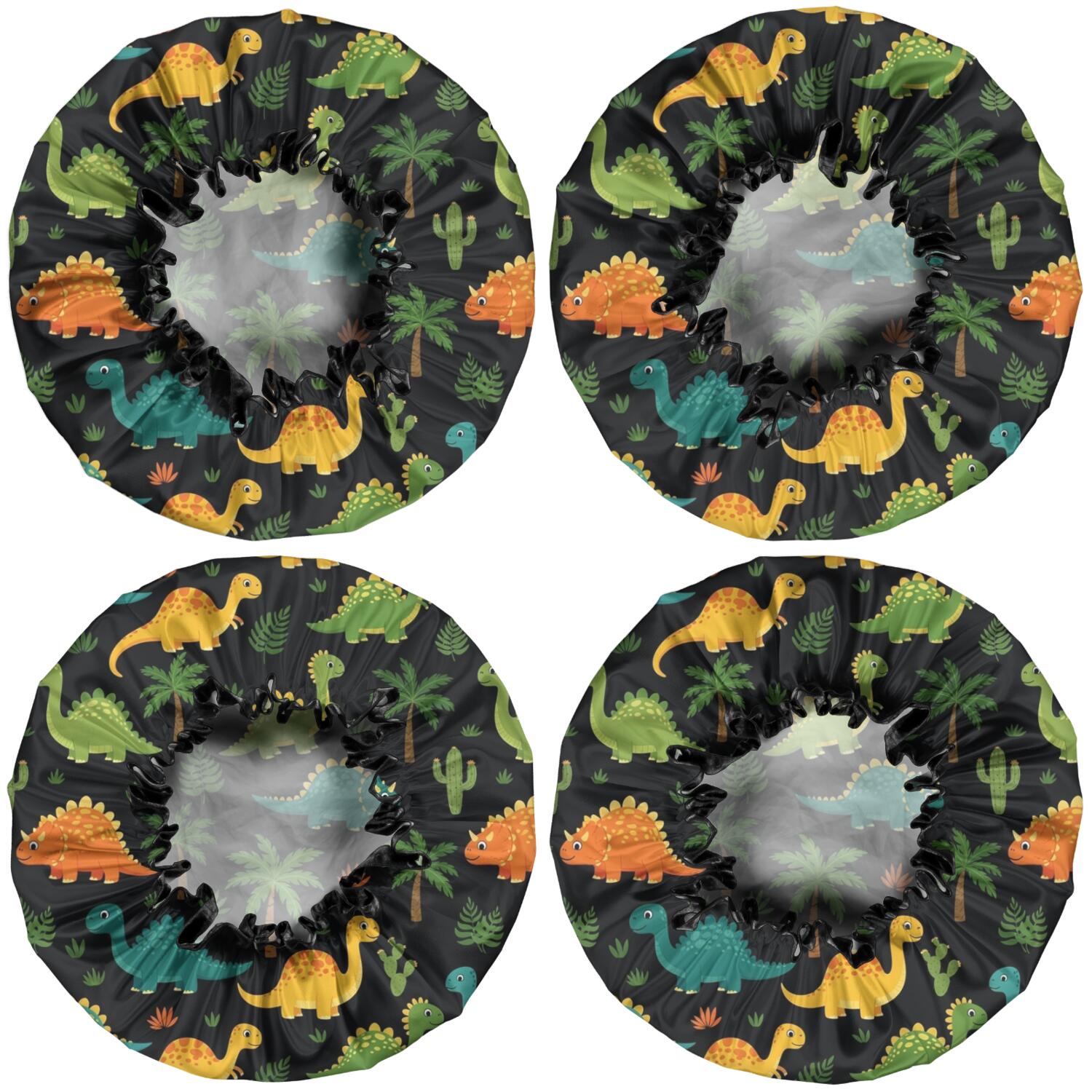 Shower Caps,Black Colorful Dinosaurs Pattern Waterproof Shower Cap for Women 4 Pieces,Double Reusable Hair Cover for Shower PEVA Elastic Stretch Hem