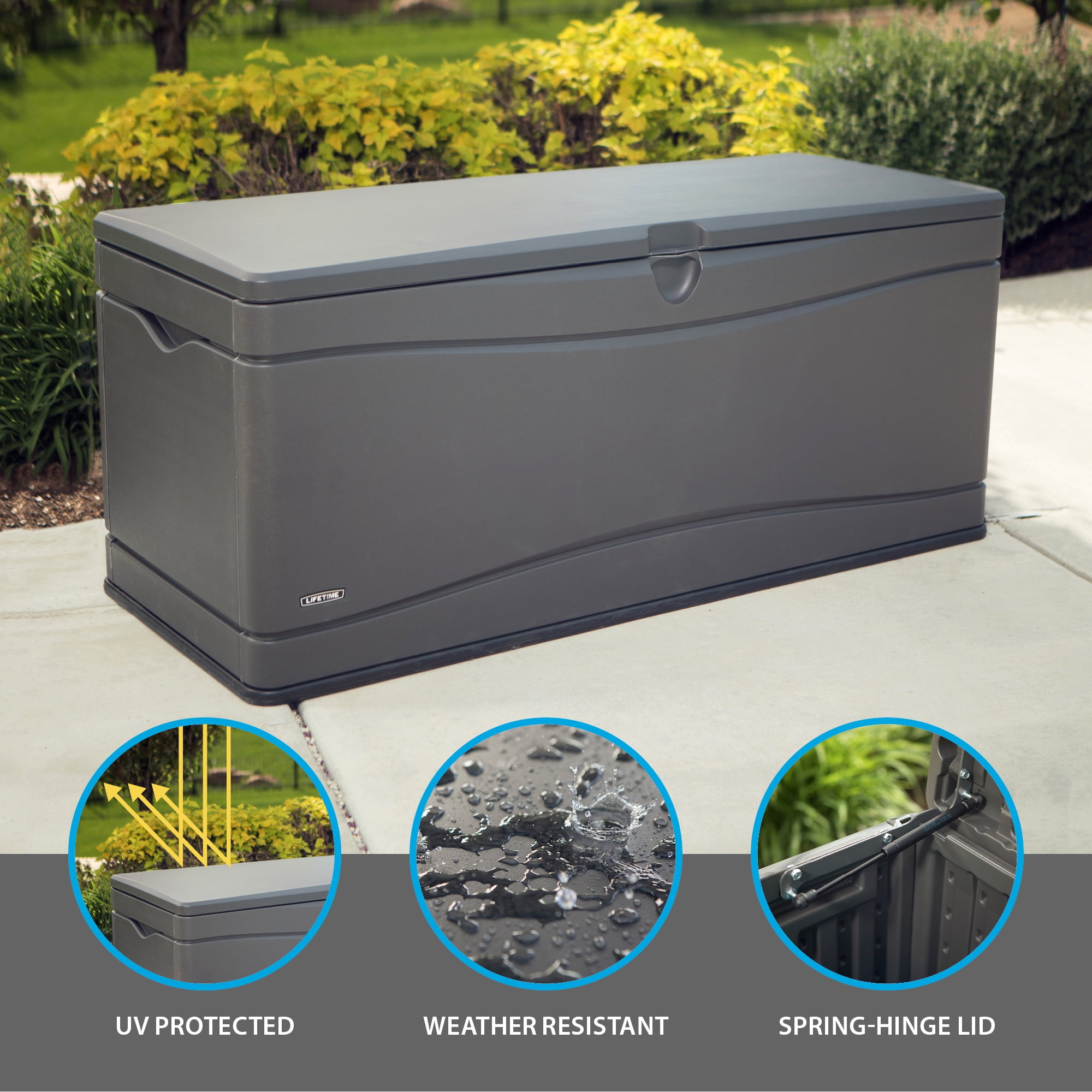 Gray 130-Gallon Wood Look Storage Deck Box with Gas Shock Lid