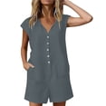 thumbnail image 7 of LNWUY Women's Solid Color Short Cuffed Sleeve Utility Rompers Elastic Waist Button Down Cotton Pocket Jumpsuit Gray XL, 7 of 7