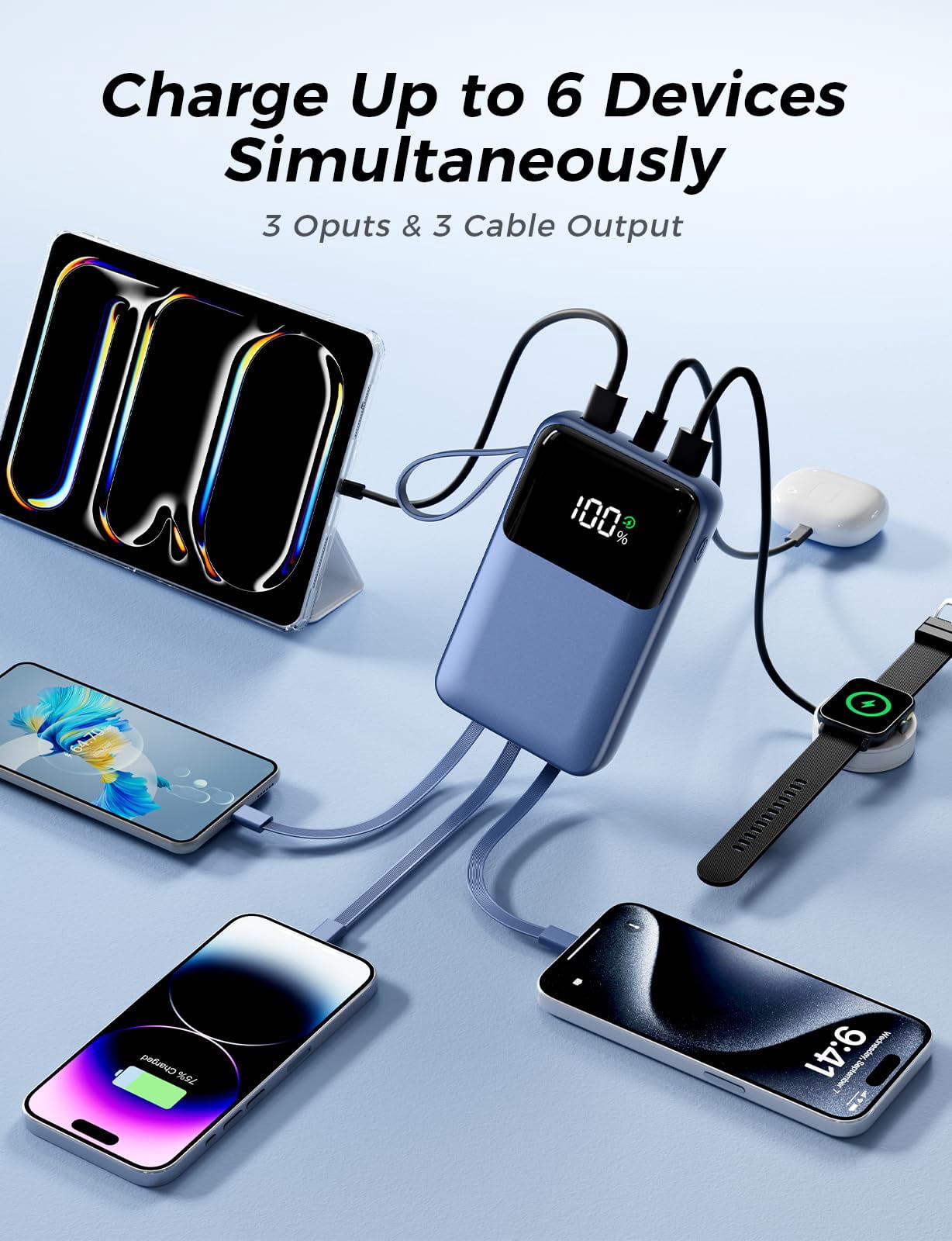 Power Bank, 15000mAh Portable Charger with Built in Cable, 22.5W Fast Charging, 6 Outputs, Slim Travel Essential Battery Pack with LED Display, Compatible with iPhone 17/16/15/14/13, Samsung, iPad