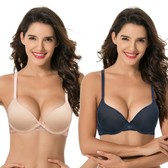 Curve Muse Womens Plus Size Perfect Shape Add 1 Cup Push Up Underwire Tshirt Bra-2PK-NAVY,PEACH-44DD