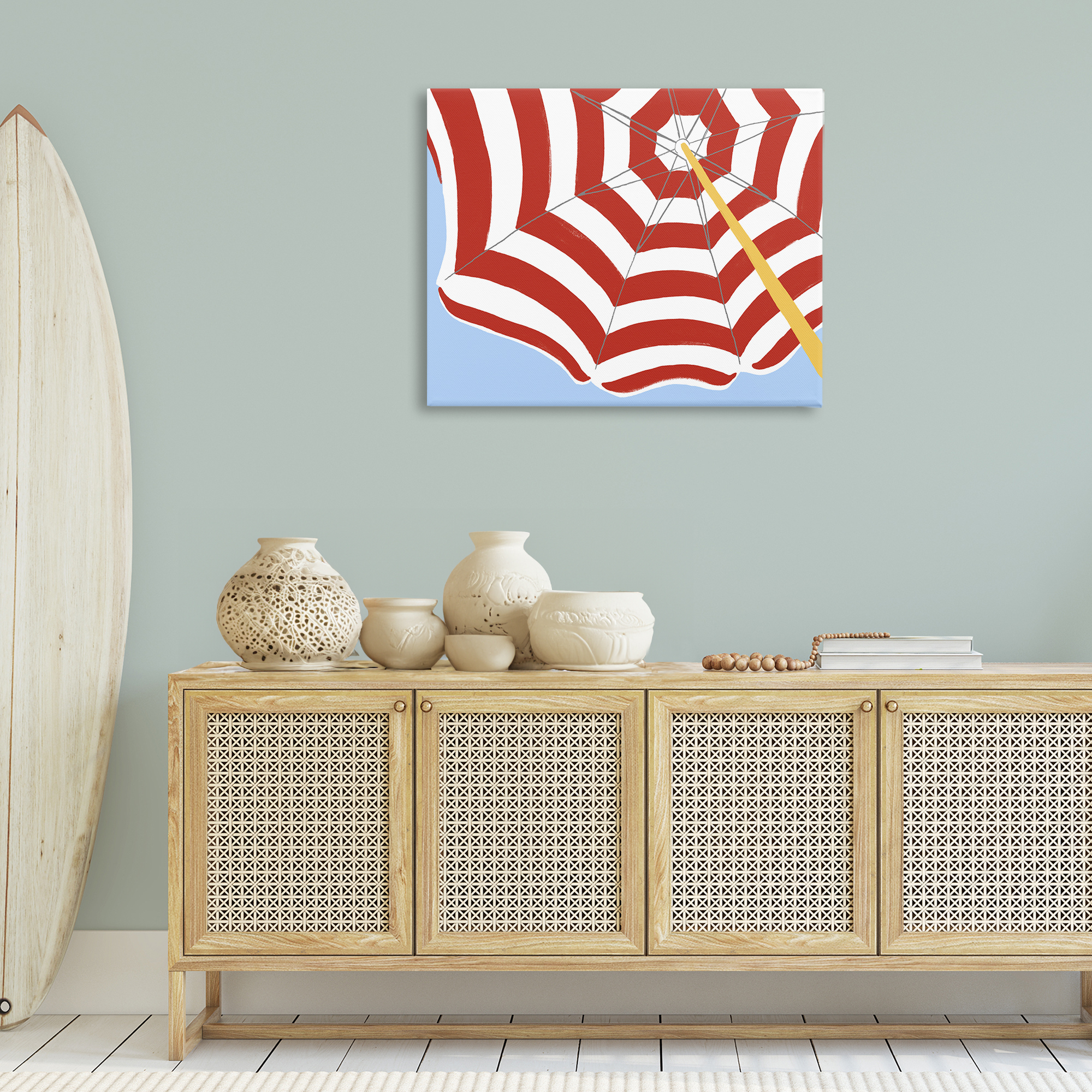 Stupell Industries Red & White Umbrella Coastal Painting Gallery Wrapped Canvas Art Print Wall Art, 40 x 30