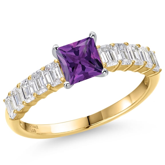 Gem Stone King 14K Two Tone Gold Purple Amethyst and Lab Grown Diamond Engagement Ring for Women | 1.55 Cttw | Princess 5MM | Gemstone February Birthstone | Size 8
