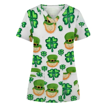 

Kayannuo Print Nursing Uniforms Scrub for Women Clearance Women s Fashion St. Patrick s Day Printed V-neck Short Sleeve Pocket Workwear Top