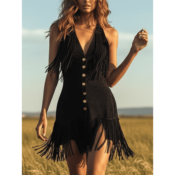 Women's Western Fringe Mini Dress, Sleeveless V-Neck Button Down, Chic Country Concert Outfit, Retro Cowgirl Fashion Women