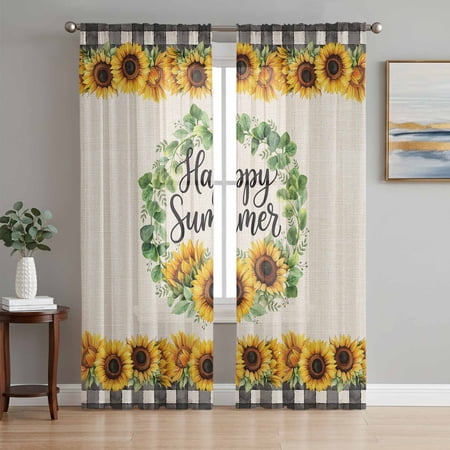 Sheer Curtains 84 Inches Long 2 Panels Happy Summer Sunflower Leaves Rod Pocket Curtain Voile Draperies Farm Floral on Linen Buffalo Light Filtering Window Treatment for Living Room Kitchen