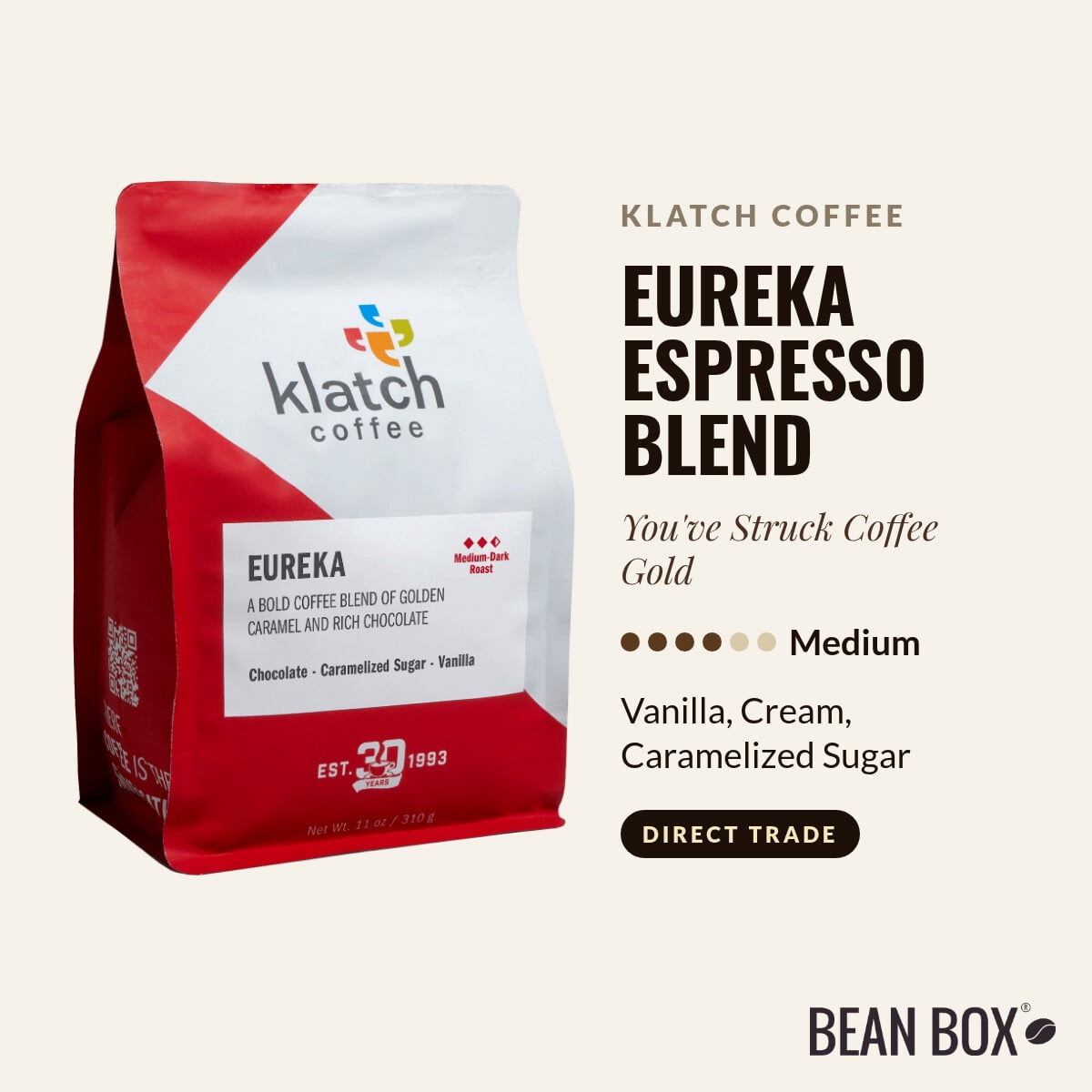Eureka Espresso Blend - Roasted by Klatch Coffee - Whole Bean Coffee - 310g Bag