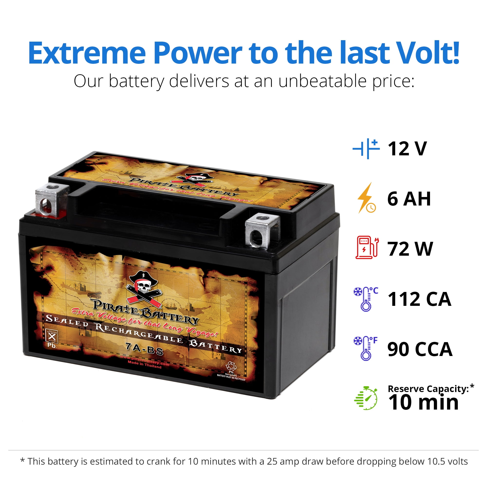 Pirate Battery Ytx7a-bs (7a-bs 12 Volts,6 Ah, 100 Cca) High Performance - Maintenance Free - Sealed AGM Motorcycle Battery