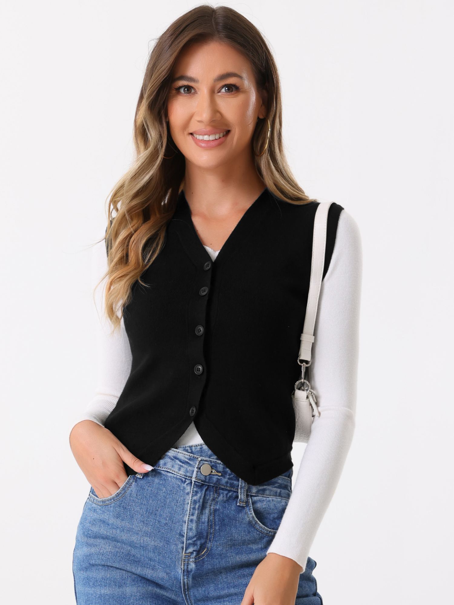 DARING DIVA Stylish Sleeveless V Neck Cropped Button Up Sweater Vest XL Black