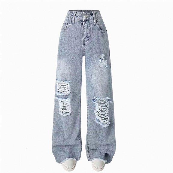 UAYOTSE Girls Elastic Back Waist Wide Leg Vintage Wash Ripped Denim Jeans Kids Distressed Frayed Hole Loose Baggy Casual Trousers,Sizes 11-12 Years