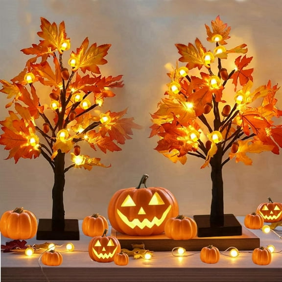 TETOU 2Pack Lighted Fall Maple Tree, USB & Battery Operated Artificial Fall Light up Trees with 48LED & timer, Fall Decorations for Home Party Indoor Outdoor Thanksgiving Autumn Har'vest