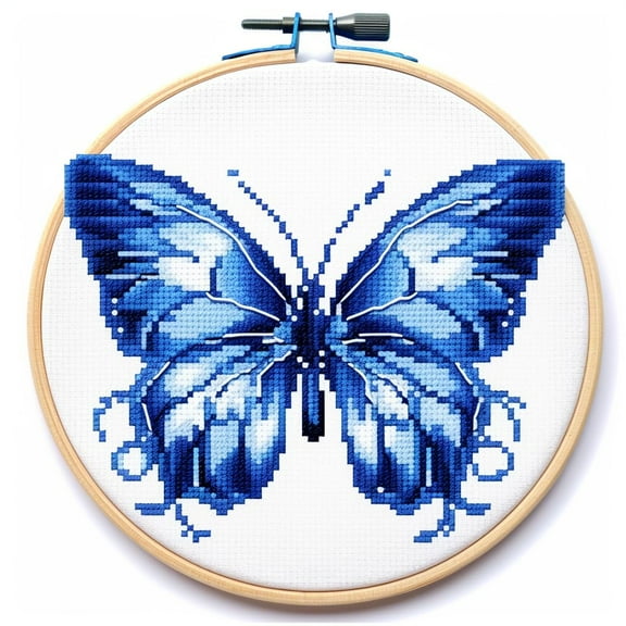 Blue Butterfly DIY Stamped Cross Stitch Kits Easy for Beginners and Children with Hoop 11CT Needlepoint Counted Embroidery Kits Art Craft Wall Decoration 12x12inch(3)