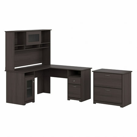 UPC: 0042976091415 | Bush Furniture Cabot L Shaped Desk w/Hutch and Lateral File Cabinet Heather Gray CAB005HRG