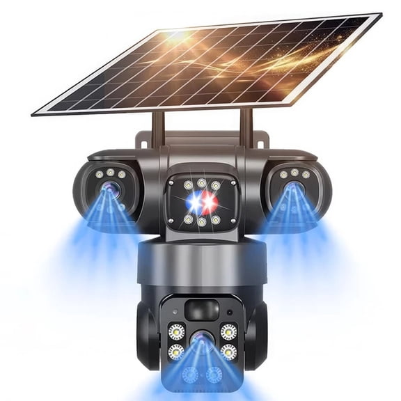 Wireless Solar Security Camera Outdoor, 3-Lens 9MP 360° View, Pan/Tilt, PIR Motion Detection, Two-Way Audio, Color Night Vision, IP66, 8000mAh Battery, for Home, Yard, Garage