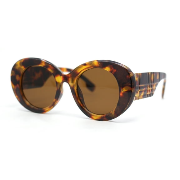 Womens Classy Plaid Arm Thick Plastic Round Mod Retro Sunglasses Tortoise - Brown