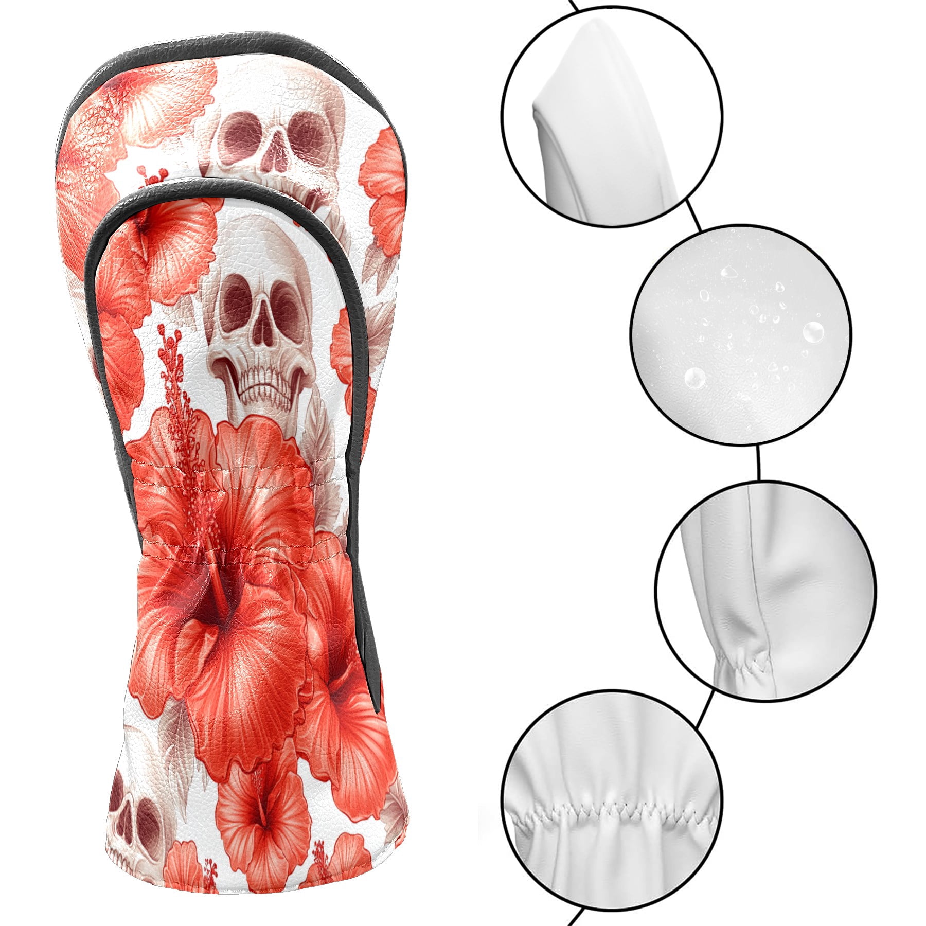Golf Club Covers PU Leather Waterproof Head Covers for Fairway Woods Hybrids Hibiscus Flower Skull
