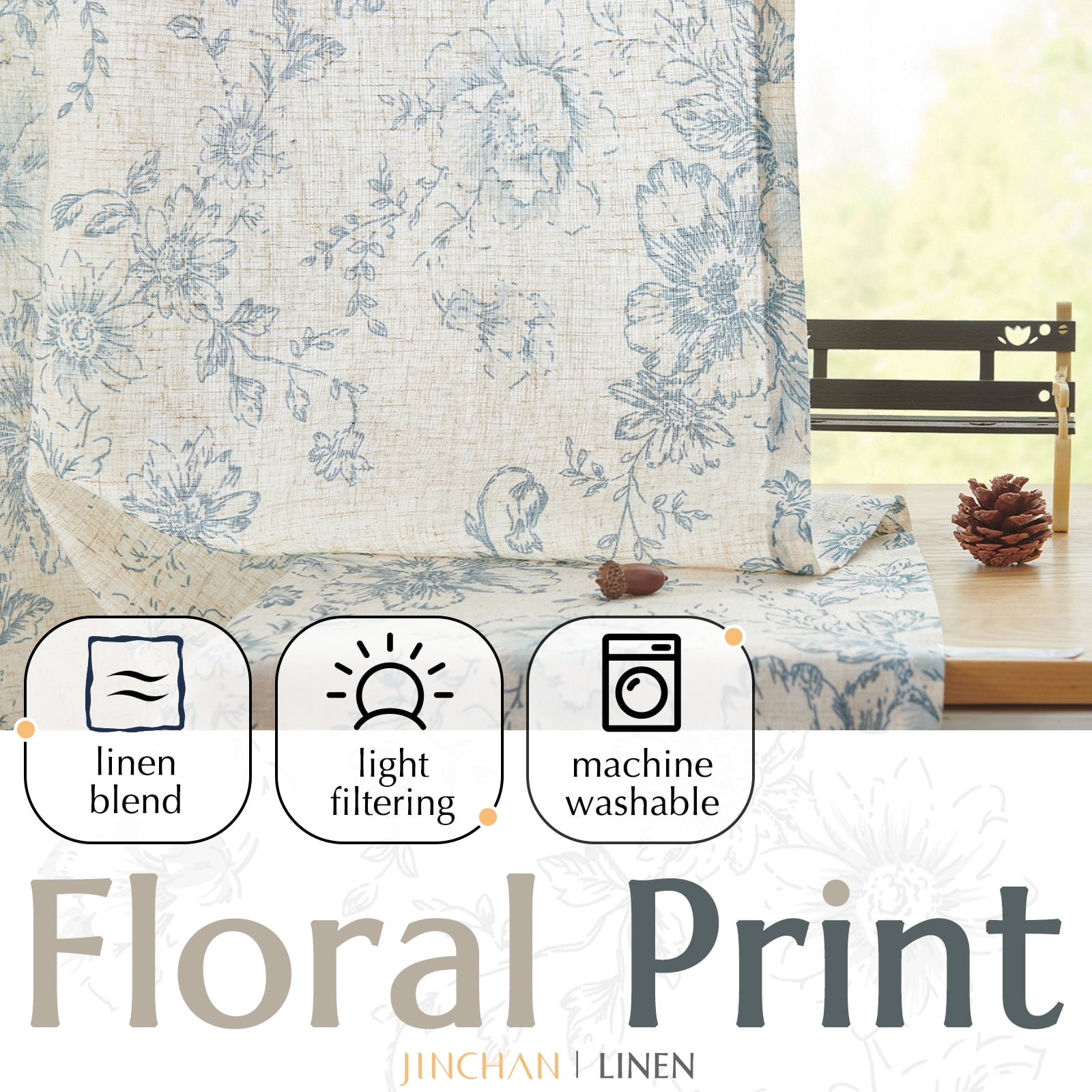 CURTAINKING Linen Curtains Floral Curtains for Living Room 84 Inch Length Blue Printed Curtains Rod Pocket Back Tab Farmhouse Peony Flower Patterned Drapes Bedroom Window Curtain Set 2 Panels