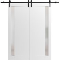 Sturdy Barn Door 42 x 84 inches | Sete 6933 Matte Black with Frosted Glass | Stainless Steel 8FT Rail Hangers Heavy Set | Solid Panel Interior Doors