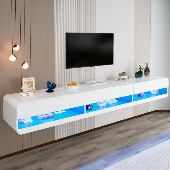94.5'' Large Minimalist Floating TV Stand for 100/110" TV, Wall Mounted Entertainment Center with Storage & LED Lights and Power Outlet, Modern High Gloss TV Cabinet for Living Room, Bedroom, White
