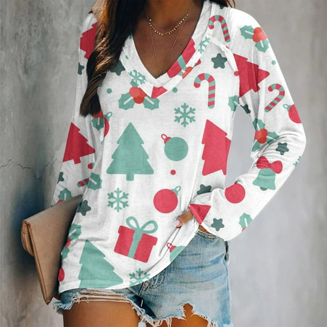 Pntutb Moda Mujer Casual Cuello en V Navidad Impreso Camiseta de manga larga Pntutb Pntutb-3141