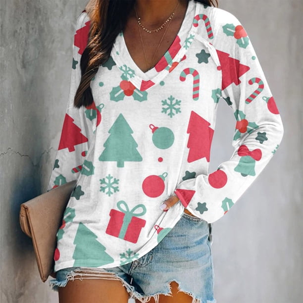 Pntutb Moda Mujer Casual Cuello en V Navidad Impreso Camiseta de manga larga Pntutb Pntutb-3143