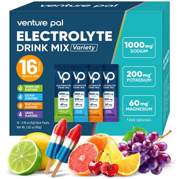 Venture Pal High Sodium Sugar Free Electrolytes Powder Packet - Hydration with Vitamin, Sodium & Potassium, Zero Calories, Vegan, Keto & Paleo Friendly Drink Mix