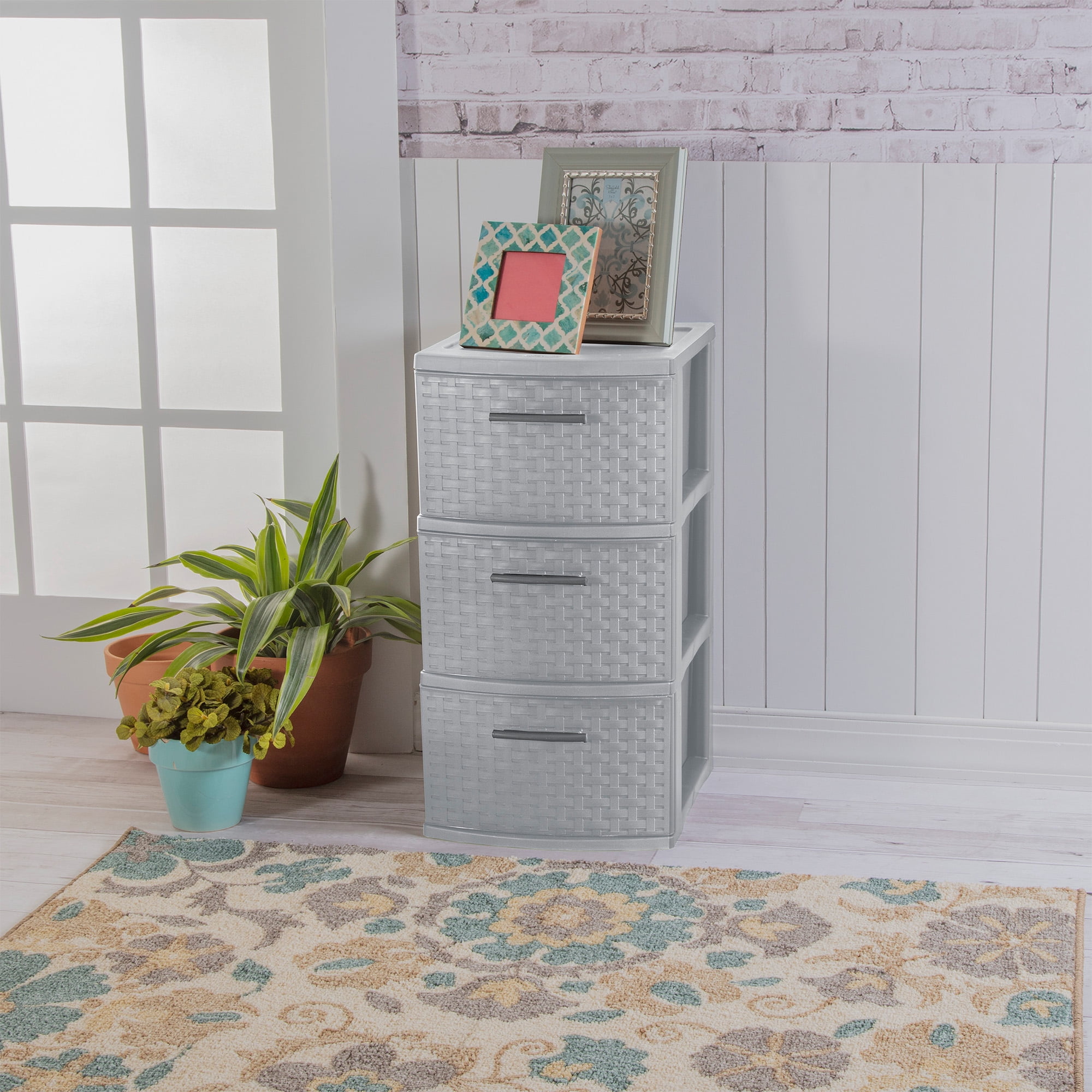 Sterilite 3 Drawer Storage Tower, Plastic Weave Medium Home Organizer, Cement, 2 Pack