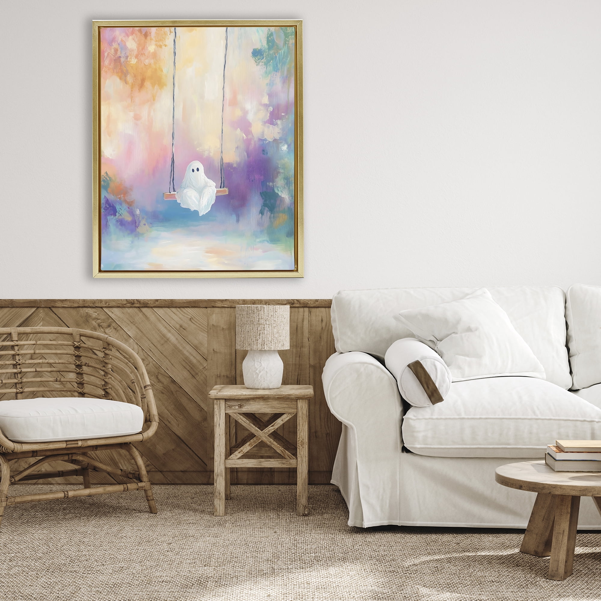 Stupell Industries Watercolor Ghost on Swing Gold Framed Floater Canvas Wall Art, design by The Prints Vibe
