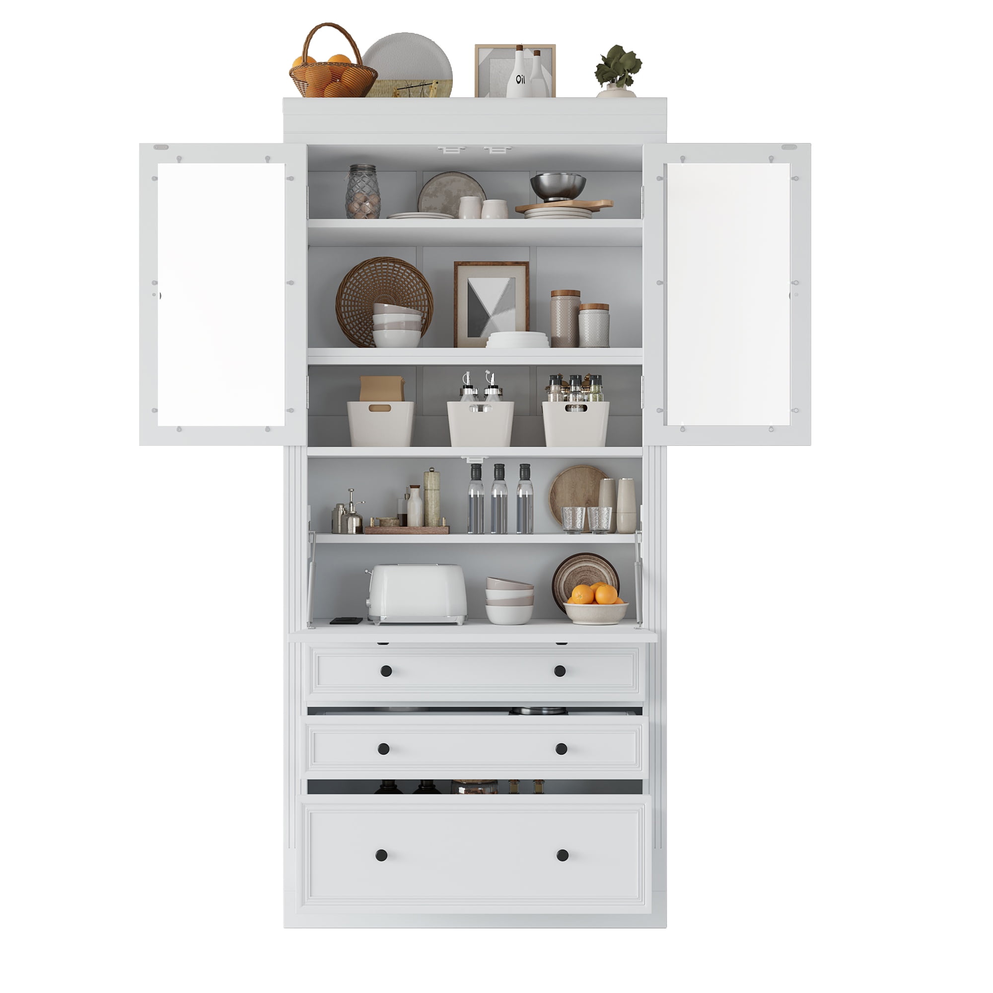 Euroco 36x16.5x78inch Freestanding Kitchen Pantry Storage Cabinet,Multifunctional Cupboard with 3 Drawers,Adjustable Shelves and Power Outlet for Dining and Living Room,White