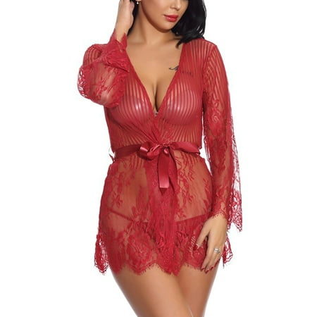 

LSFYSZD Women’s Lingerie Two Piece Set Fashion Perspective Lace Long Sleeve Dress and Low Waist Thong