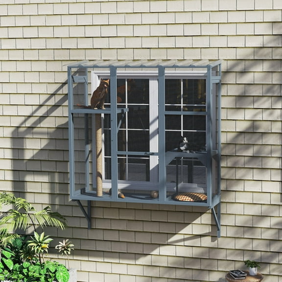 PawHut Catio Outdoor, Cat Window Catio for 2-3 Large Indoor Cats with 2 Jumping Platforms, Scratching Post, Cat Window Box for Playing, Sunbathing
